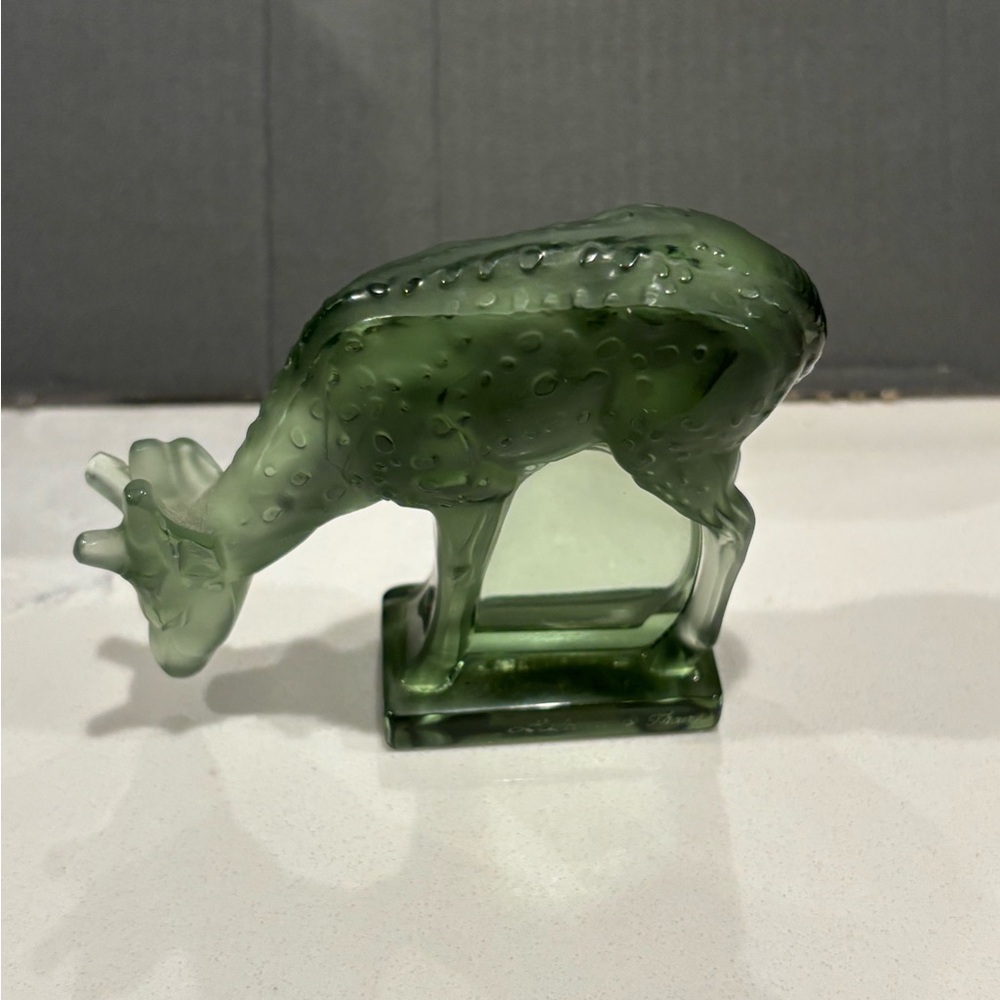 Lalique Spotted Deer Grazing  - Green Frosted Art Glass Deer Figurine